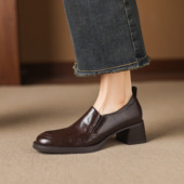 ladyblack手工深口单鞋 子41 女圆头粗高跟一脚蹬通勤乐福鞋 大码