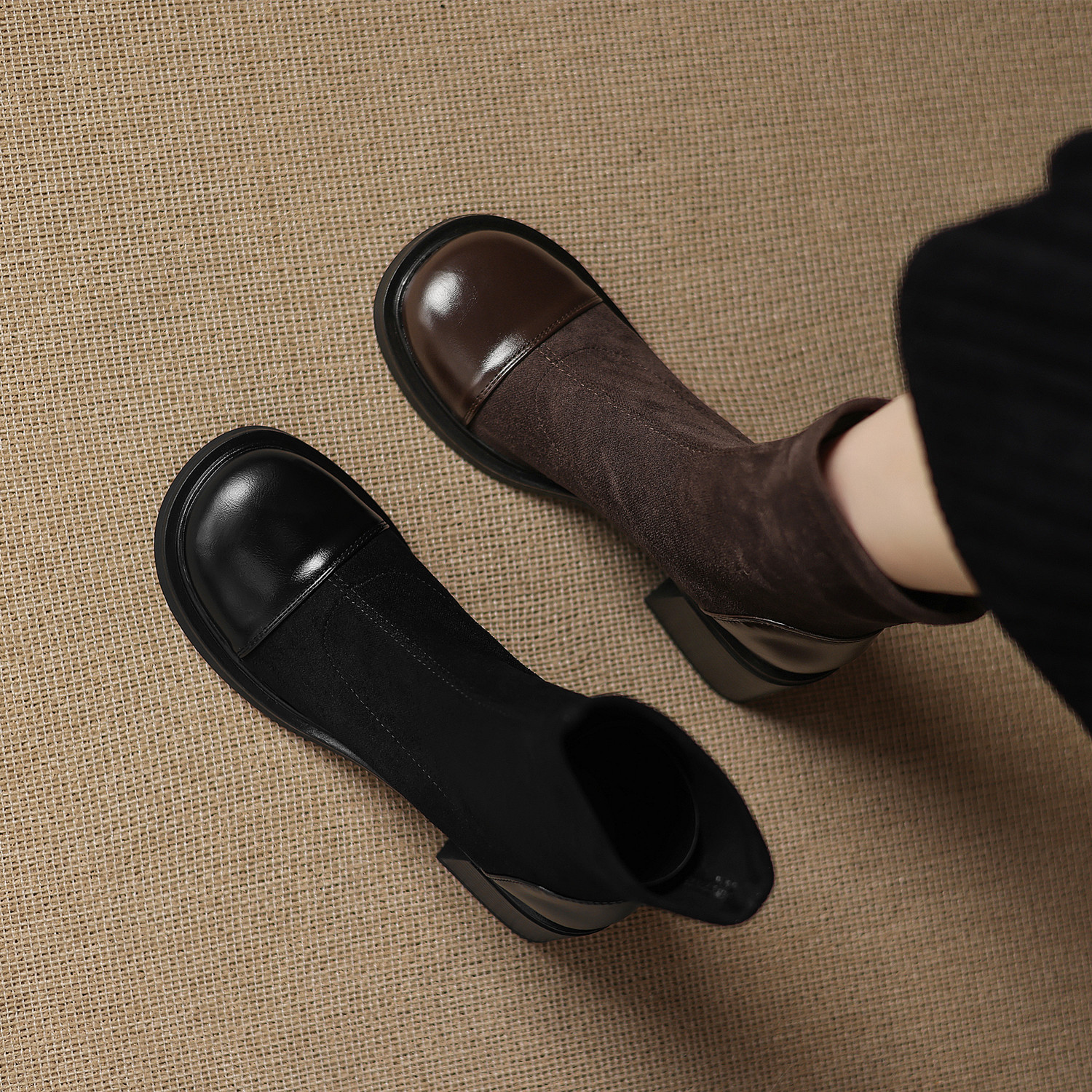 弹力瘦瘦靴女绒面拼接秋冬短靴