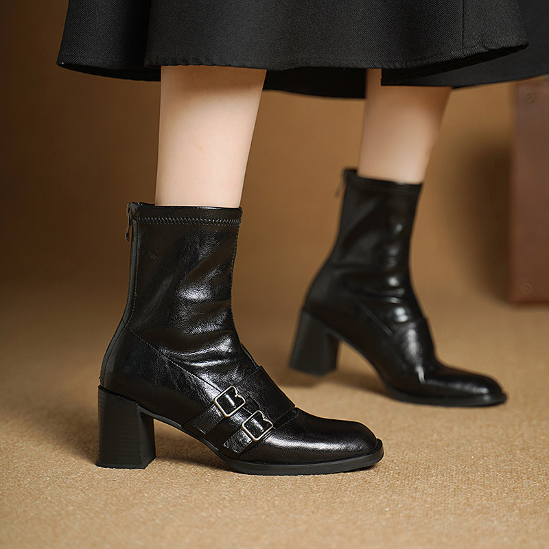ladyblack 羊皮方头粗高跟短靴女秋皮带扣后拉链弹力拼接瘦瘦单靴