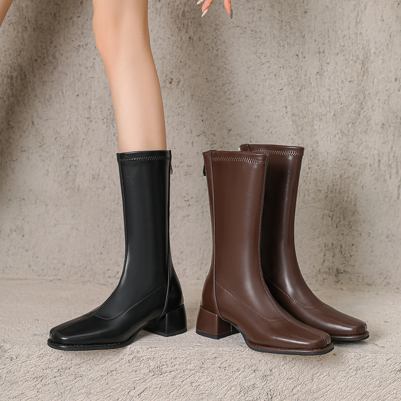 方头后拉链显瘦弹力瘦瘦靴方头