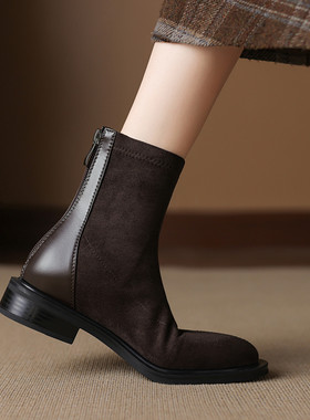 ladyblack粗中跟后拉链显瘦秋冬短靴女弹力绒面大码3340单靴41-43
