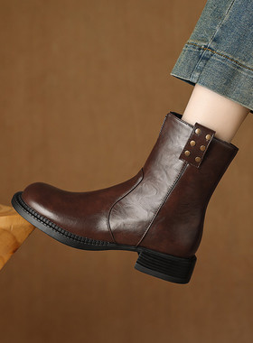 ladyblack3340大码单靴41-43粗中跟侧拉链圆头百搭秋冬复古短靴女