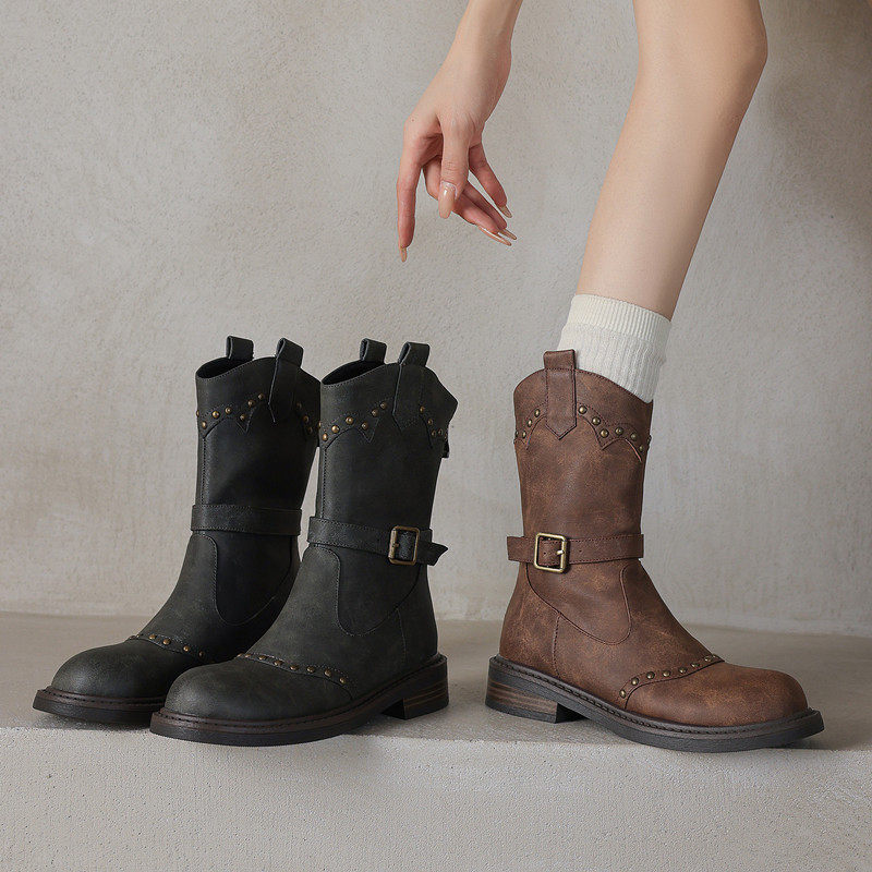 ladyblack复古风铆钉后拉链圆头短靴女粗中跟西部骑士靴大码41-43,女鞋,骑士靴,淘宝优惠券,粉丝福利购,淘宝优惠卷