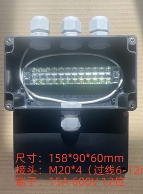 158*90*60黑色防水盒一进三出配m20接头，15A12位端子