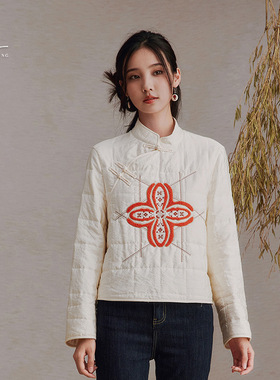 一城画一冬季新中式间棉短款衫立领盘扣上衣米白14411B622