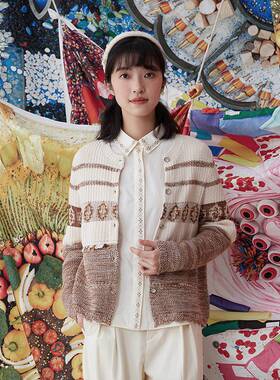 一城画一秋季复古文艺风条纹慵懒长袖百搭短款毛衫外套14141N137