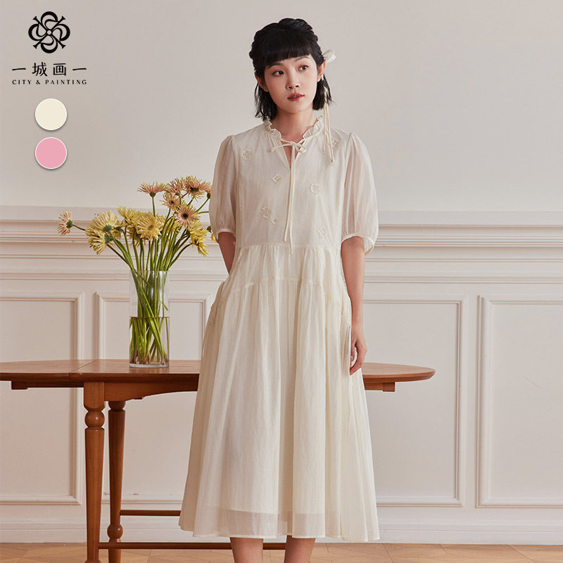 【飘逸仙女裙】夏季花边绑绳领设计时尚复古长款连衣裙