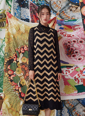一城画一秋季撞色波纹编织叠穿外穿百搭休闲背心连衣裙14133A098