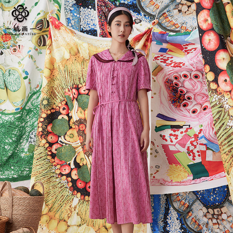 一城画一夏季文艺范提花大翻领长款连衣裙系带修身粉紫长裙,女装/女士精品,连衣裙,淘宝优惠券,粉丝福利购,淘宝优惠卷