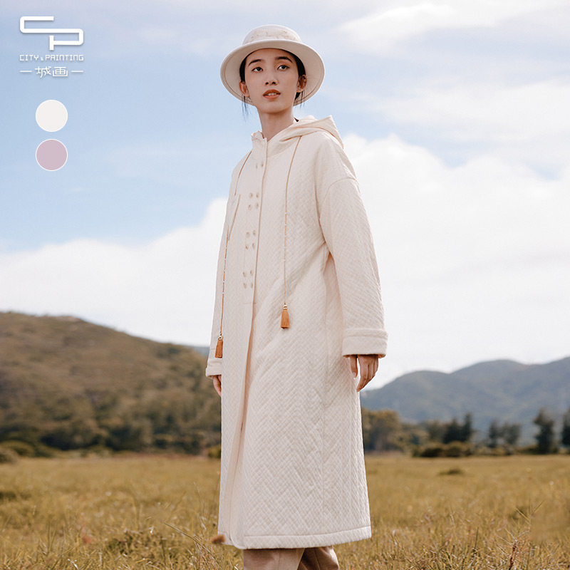 冬季简约时尚纯色文艺范轻薄连帽长款棉衣女外套13431G220