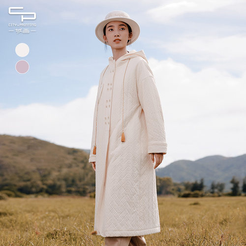 冬季简约时尚纯色文艺范轻薄连帽长款棉衣女外套13431G220