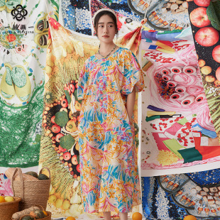 一城画一夏季 中长裙 休闲浪漫印花连衣裙立体剪裁泡泡袖