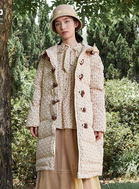 一城画一冬季文艺范碎花棉服宽松直筒保暖连帽中长款棉衣女桔花