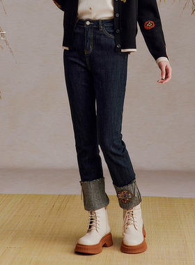 一城画一冬季气质通勤脚口卷边设计直筒裤长牛仔裤14412B559