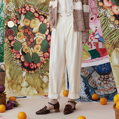 一城画一秋季绣花复古宽松百搭直筒裤时尚休闲裤长裤女14142A174