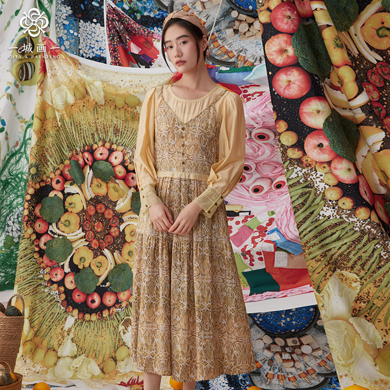 一城画一秋季圆领花边拼接收腰假两件长款连衣裙美拉德穿搭长裙