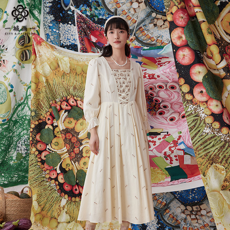 一城画一秋季法式复古绣花收腰设计时尚百搭长款连衣裙14143A169
