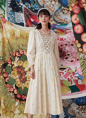 一城画一秋季法式复古绣花收腰设计时尚百搭长款连衣裙14143A169