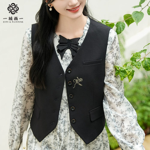 秋季新款时尚简约百搭通勤单排扣纯色V领短款马甲女14331H107