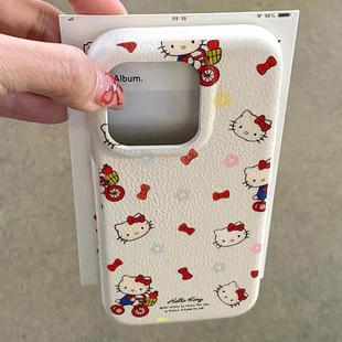 蝴蝶结单车kt适用苹果17/16promax皮革纹手机壳iPhone16pro可爱卡通15/14plus磨砂亲肤感13pro创意12防摔11软