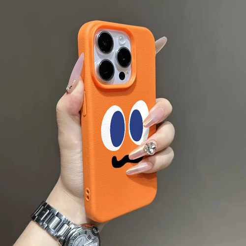 简约大眼表情适用苹果17promax荔枝纹手机壳iPhone16/15pro新款14plus全包13promax磨砂肤感12pro皮质软壳AIR
