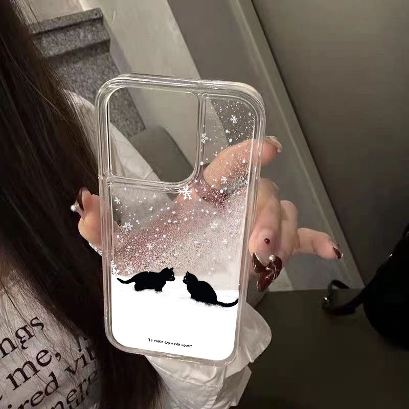雪地两只黑猫流沙手机壳适用苹果17promax新款iPhone17/16/15/14/13pro情侣款11/12vivo华为P70小米17oppoAIR
