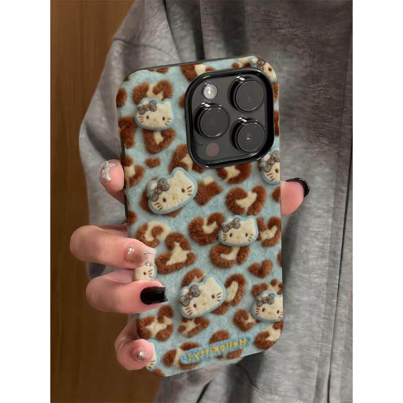 仿绒蓝色kt豹纹适用苹果17/16promax菲林二合一手机壳iPhone15/14/13pro个性创意vivo华为P70小米17oppo女款