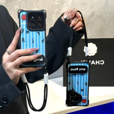 蓝条纹英文支架适用苹果16promax四角挂绳手机壳iPhone15pro新款14/13/12女款11华为p70vivo小米15oppo防摔套