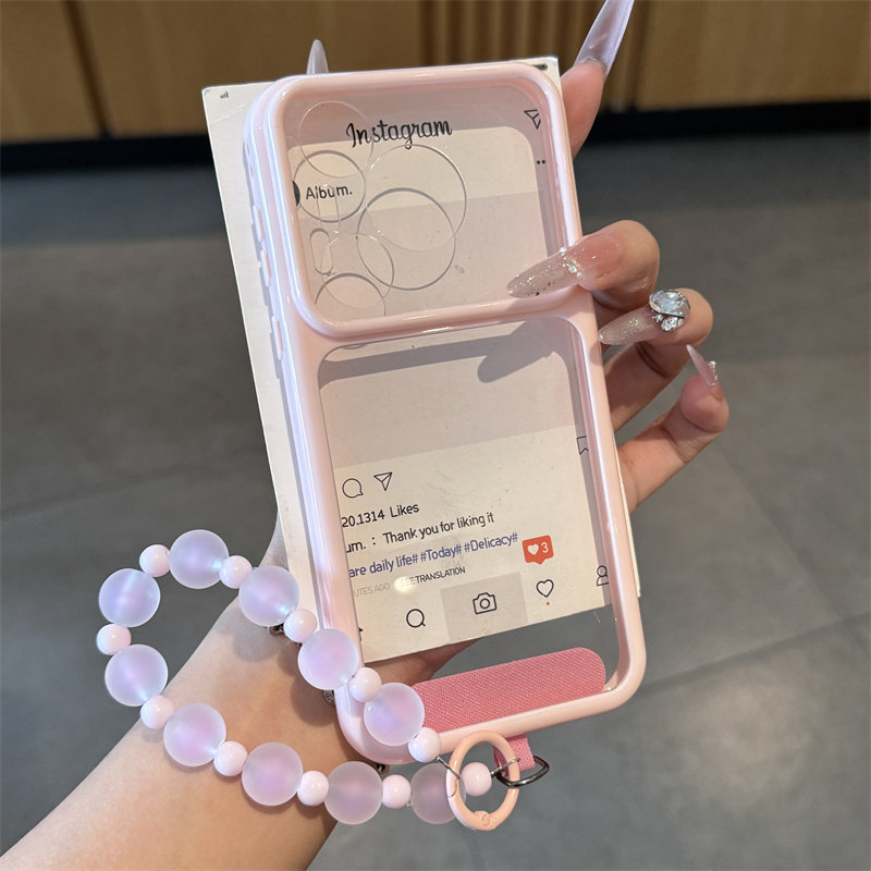 粉色珍珠挂链大视窗适用苹果16秒变17promax星空手机壳iPhone17男女15pro简约14/13全包防摔壳12个性11保护套