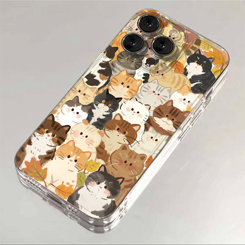 落叶满屏猫咪适用苹果17promax太空手机壳透明iPhone16/15/14/13/12/11可爱卡通xr华为P70vivo小米15oppo软套