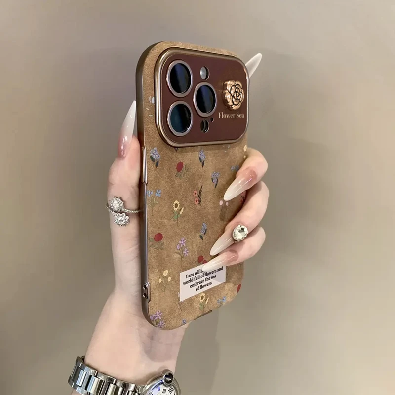 立体山茶花适用苹果17promax翻毛皮视窗手机壳17/16/15/14plus磨砂防摔iPhone17air/16/15/14/13/12/11秋冬套