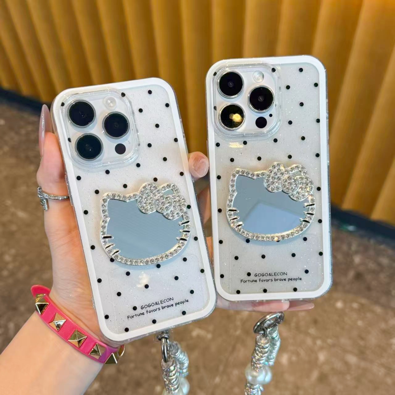 波点闪钻kt镜子支架壳适用苹果17promax手机挂链壳iPhone16pro新款15/14/13/12/11透明vivo华为p70小米15oppo