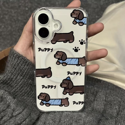 复古腊肠狗适用苹果17promax磁吸手机壳透明iPhone17/16/15/14/13/12pro亚克力16plus全包防摔11情侣款保护套