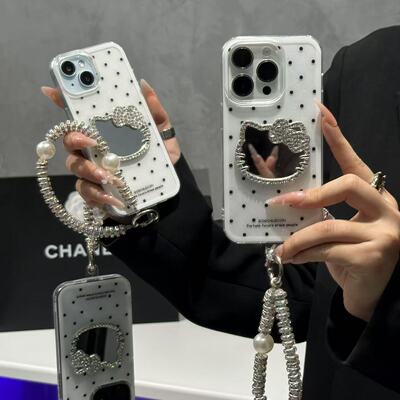 高级闪钻KT镜子手链适用苹果17promax闪粉手机壳iPhone16pro新款15/14/13/12小众vivo华为p70小米15oppo女款