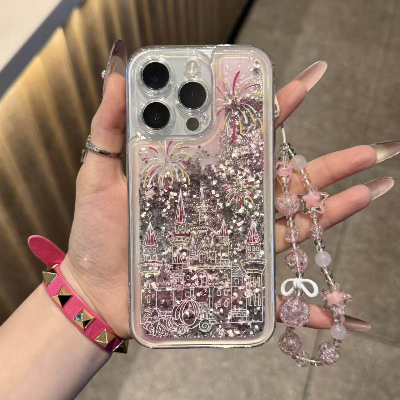 粉色烟花城堡挂链适用苹果17promax流沙手机壳iPhone17AIR/16/15/14/13pro高级vivo华为P70小米15oppo女款套