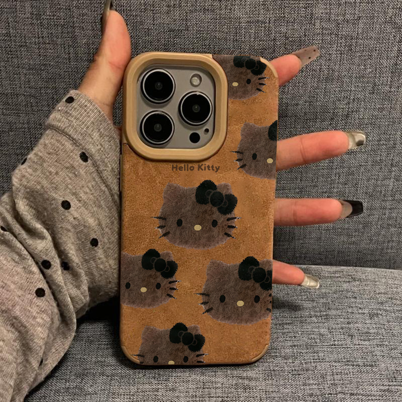 棕皮kitty酱适用苹果17promax翻毛皮手机壳iPhoneAIR新款16/15/14/13pro女款vivo华为mate70小米15oppo防摔套