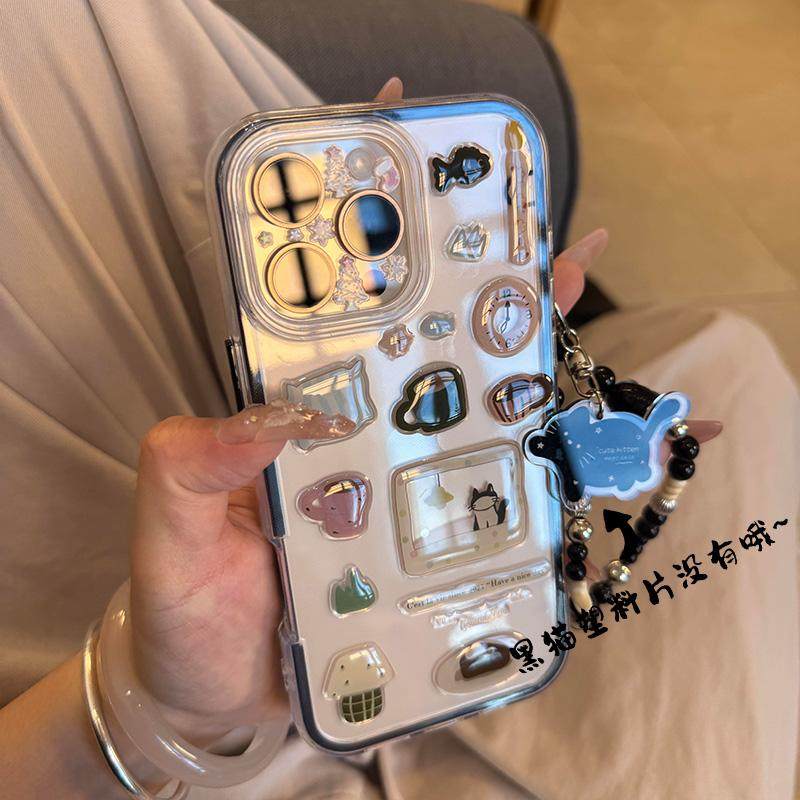 电视小猫贴纸挂绳适用苹果16promax炫彩手机壳iPhone16/15/14pro全包透明16/15/14plus防摔14/13/12/11保护套