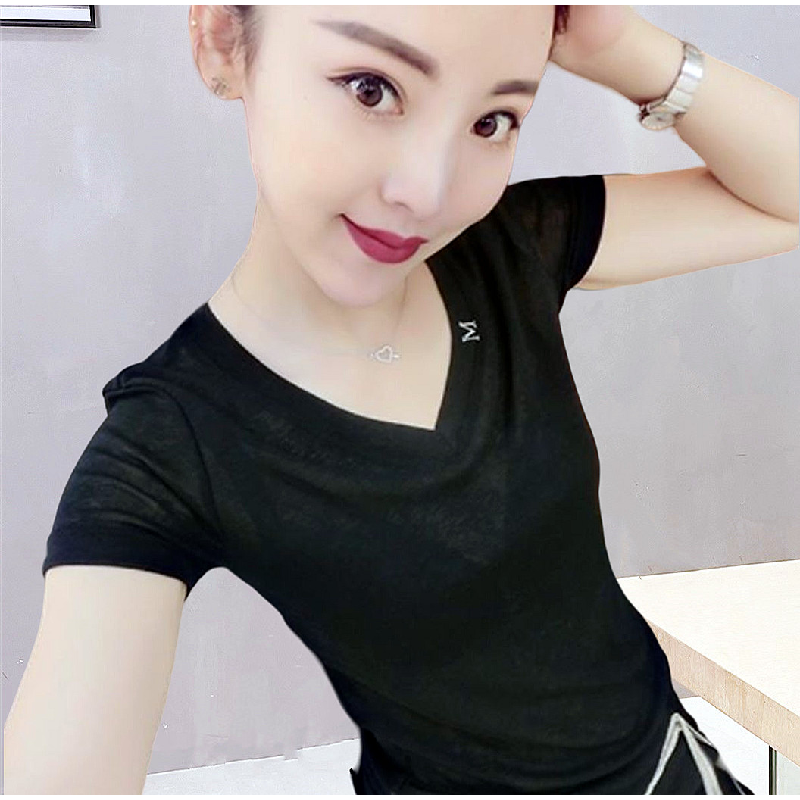 欧货新款小衫黑色透视V领弹力短袖T恤小衫打底衫时尚内搭上衣大码