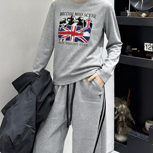 复古圆领弹力长袖 美式 T恤小衫 打底衫 正肩上衣潮 欧货春季 时尚 小衫