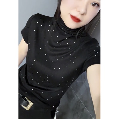 烫钻半高领弹力短袖小衫