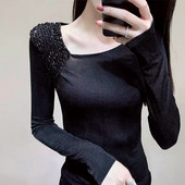 新款 黑色小衫 重工钉珠打底衫 T女时尚 透视露肩弹力长袖 欧洲站秋季