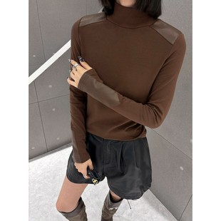 上衣内搭大码 欧货秋冬加绒肩皮拼高领弹力长袖 时尚 打底衫 T恤小衫