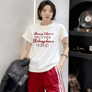 打底衫 欧货新款 T恤小衫 重工刺绣字母圆领弹力半袖 正肩显瘦潮 女装