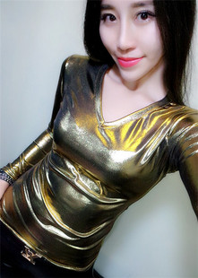 大码 欧洲站新款 百搭衫 T恤性感亮面烫金珠光V领显胸打底衫 V领长袖