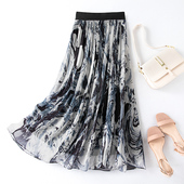 真丝半身裙女2024新款 春夏黑色印花裙子高腰长裙a字大摆半裙飘逸