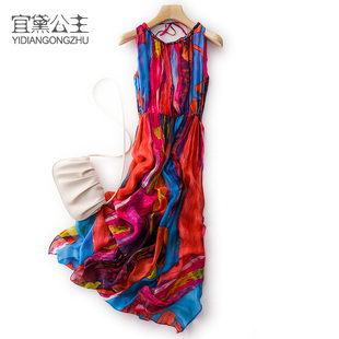 真丝吊带背心连衣裙新款 2021桑蚕丝波西米亚旅游度假飘逸长裙 夏季