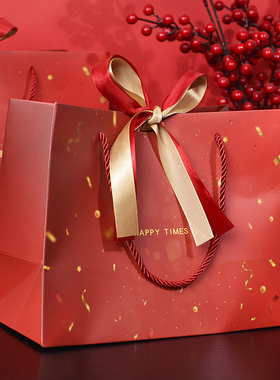 红色礼品袋年货包装袋伴手礼喜糖袋通用手提袋喜庆用品纸袋配丝带