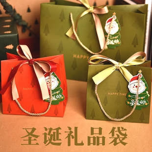新款 袋平安夜送礼手提袋配丝带 礼品袋绿色森系圣诞节袋子糖果包装