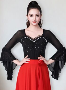 新款拉丁舞服上衣女喇叭袖广场舞服装女吉特巴三步彩网纱烫钻舞衣