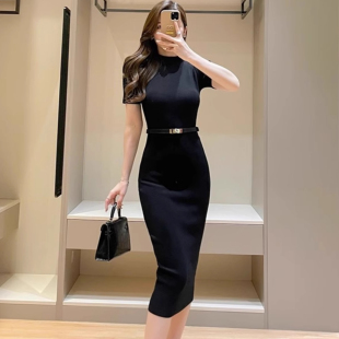 过膝针织连衣裙夏季新款气质百搭小立领短袖修身显瘦包臀裙打底裙